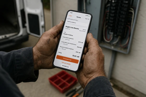 An electrician standing at an open panel holds his phone showing a finished quote on his own letterhead, Bright Line Electric, with three priced line items totalling $625.00 and a Download PDF button.