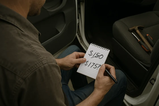 An electrician sitting in his van with a spiral notepad, where $150 has been crossed out and rewritten as $175 with a question mark, because he cannot remember what he charged for the same job last time.